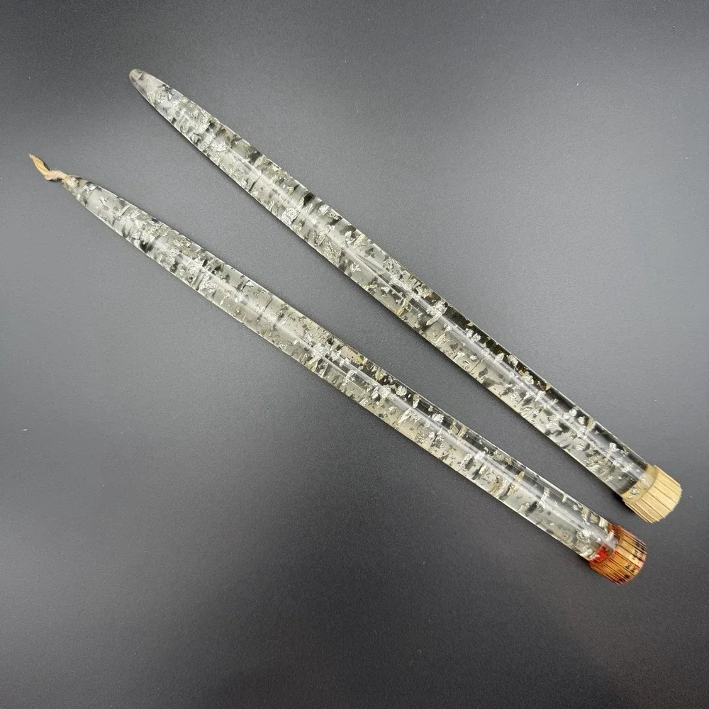 Vtg Lucite Taper Candles Silver Flake MCM Decor No Burn Candlesticks Set of 2